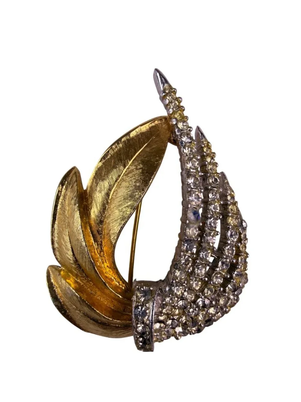 Mid-Century Gold Tone Rhinestone Feather Brooch Elegant Vintage Design